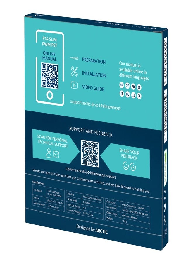 ARCTIC P14 Slim PWM PST - PC Fan, 140mm Case Fan, with PWM Sharing Technology (PST), Pressure-optimised, Quiet Motor, Computer, Extra Slim, 150–1800 RPM - Black - Image 5